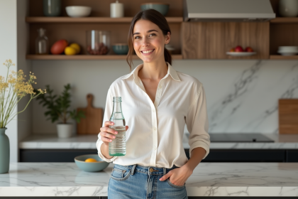 Femme souriante avec eau gazeuse dans la cuisine en intérieur