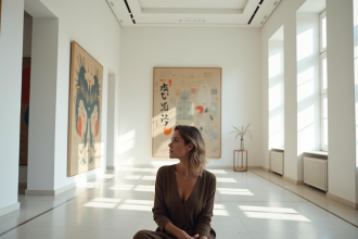 Femme élégante dans une galerie d'art moderne lumineuse