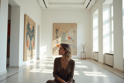 Femme élégante dans une galerie d'art moderne lumineuse