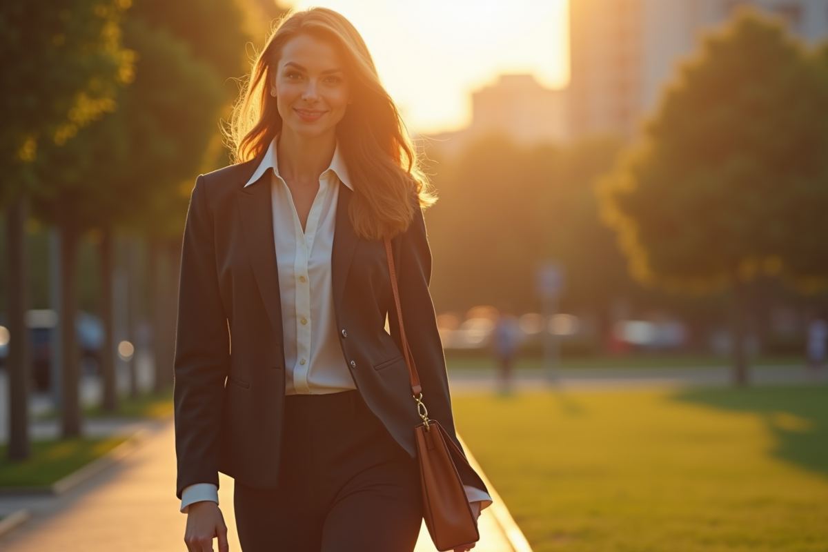 Femme élégante en déplacement dans un parc urbain
