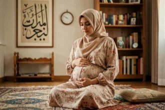 Femme enceinte portant un hijab assise sur un tapis de prière dans un salon décoré, illustrant les ajustements de prière pour femme enceinte à Douai