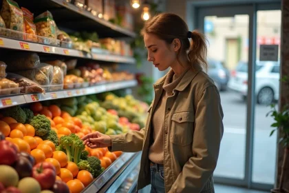 Femme examine des produits frais dans une épicerie de Montpellier