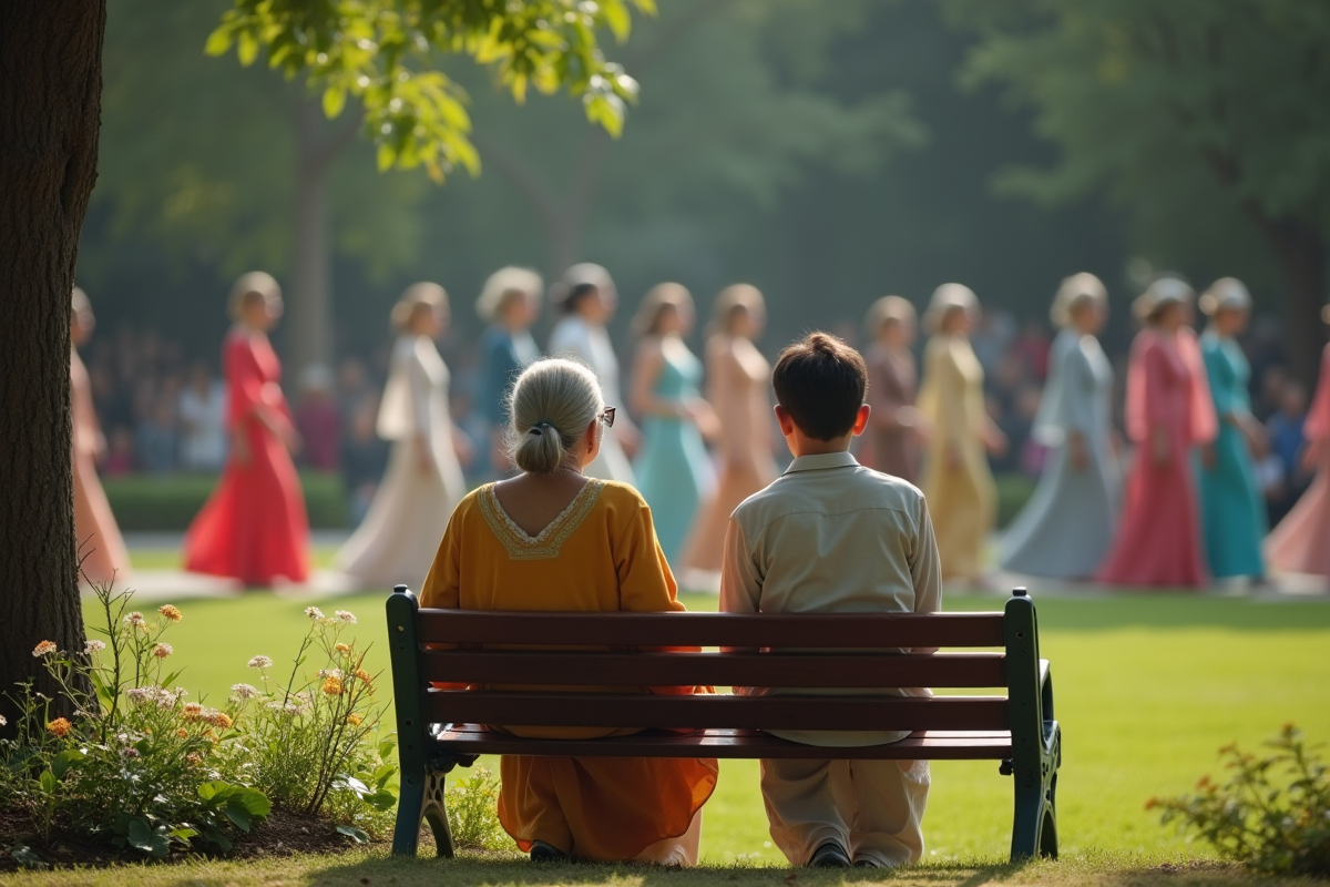 Femme et adolescent en tenue traditionnelle lors d