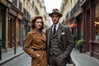 Jeune femme et homme vintage dans une rue parisienne