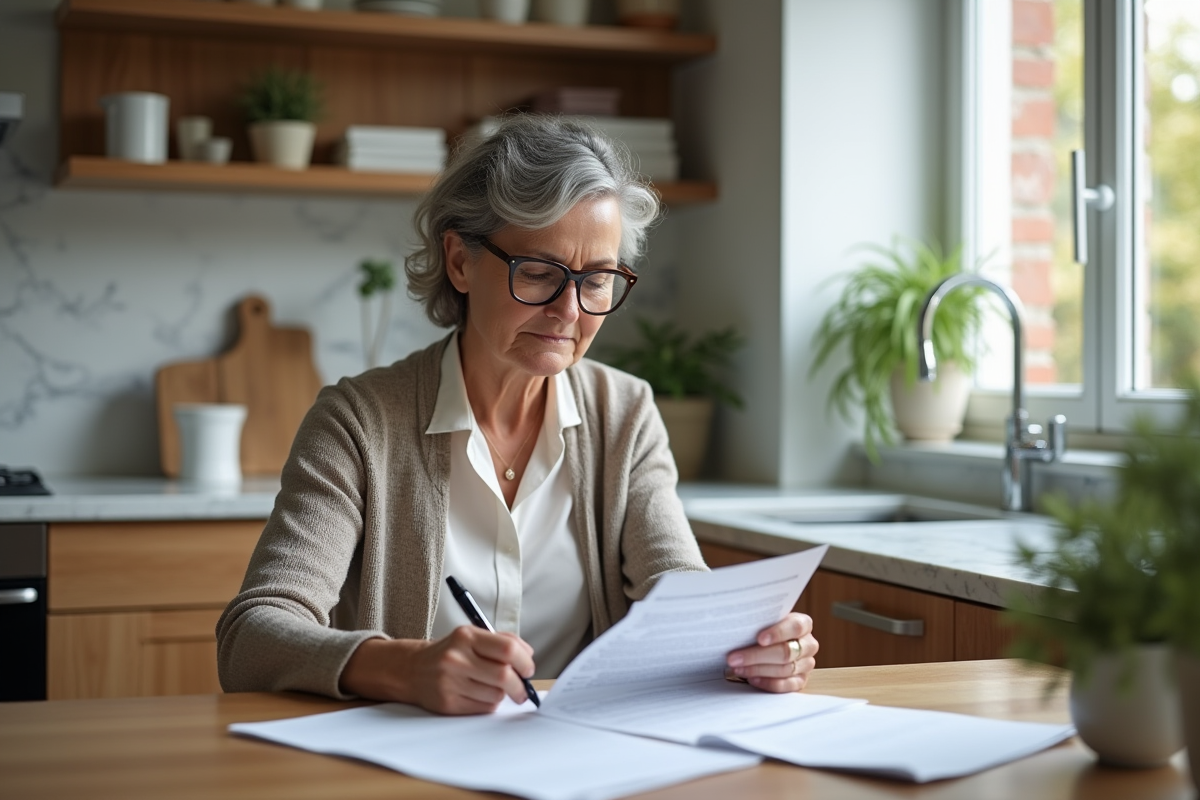 Femme élégante lisant des documents de prêt immobilier