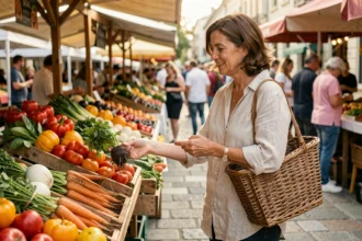 Femme faisant ses courses au marché du dimanche matin, inspectant des légumes frais dans un panier en osier