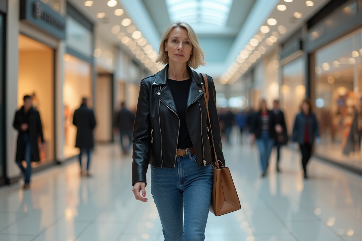 Femme en jean et veste noire dans un centre commercial animé
