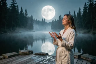 Femme en méditation sous la pleine lune au bord d'un lac pour manifester ses intentions en 2026