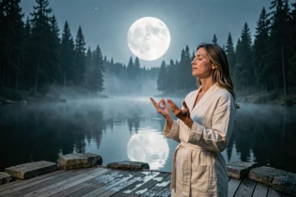 Femme en méditation sous la pleine lune au bord d'un lac pour manifester ses intentions en 2026