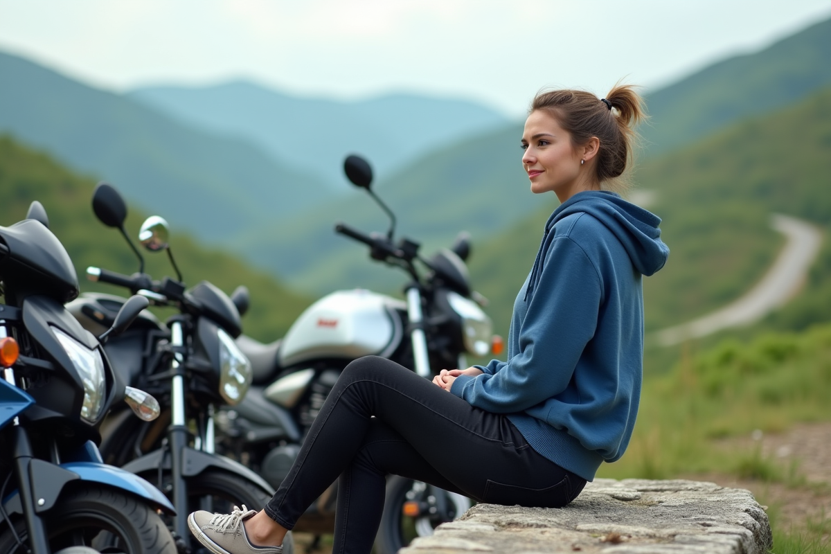 Femme regardant une ligne de motos 125cc en campagne