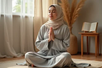 Femme musulmane en hijab récitant la Duaa Istikhara en position de supplication sur un tapis de prière