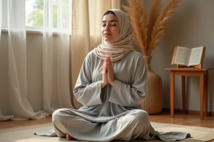 Femme musulmane en hijab récitant la Duaa Istikhara en position de supplication sur un tapis de prière