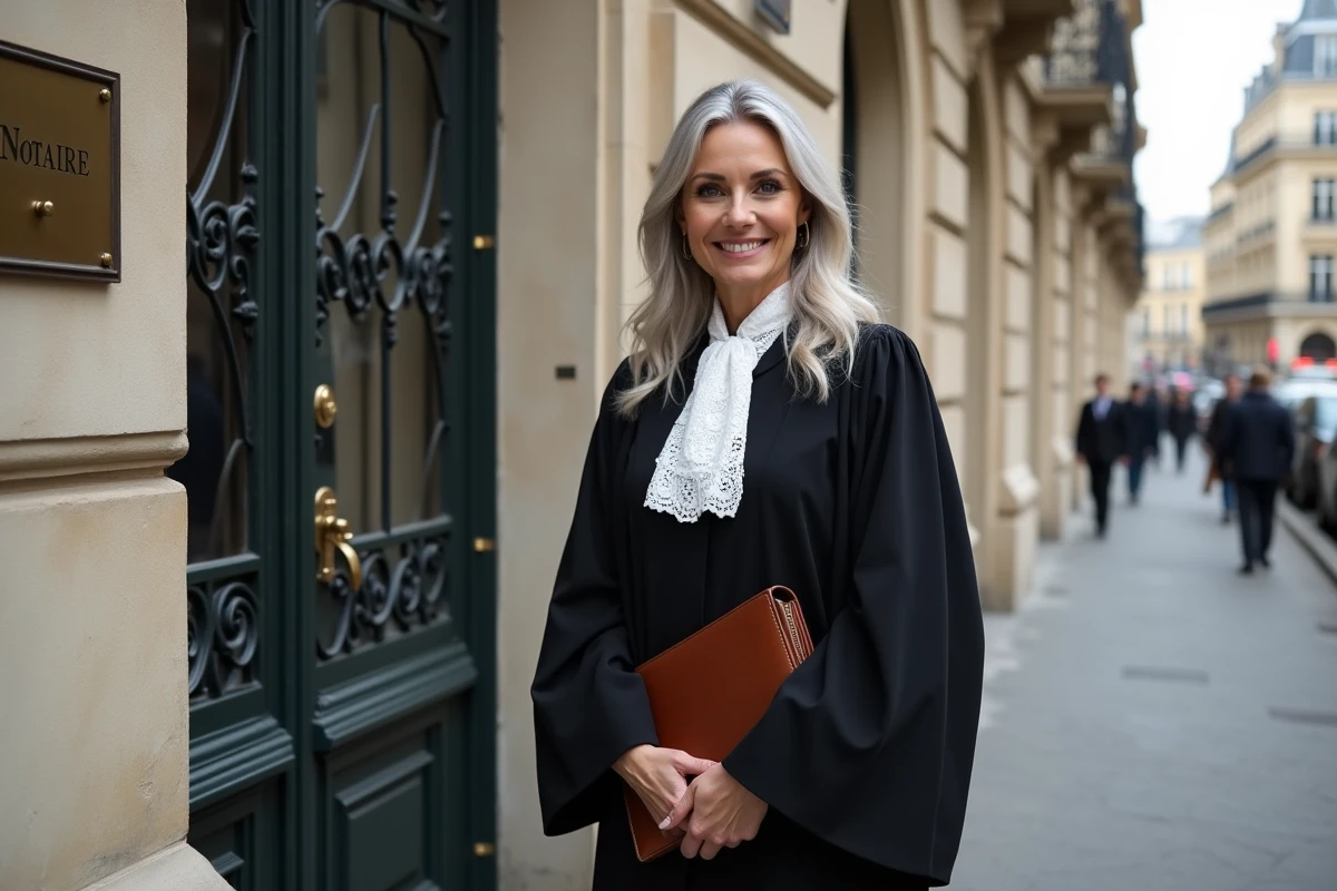 Femme notaire en robe officielle devant un immeuble parisien avec plaque notariale, tenant une mallette en cuir