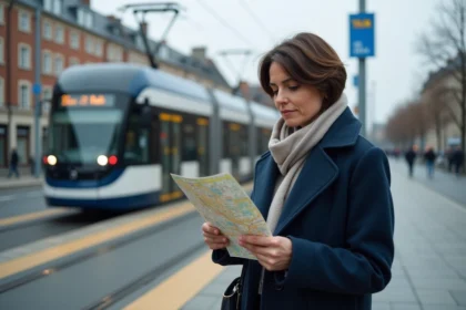 Femme consultant un plan de tramway sur un quai moderne à Nantes, ligne de tram Tan en arrière-plan