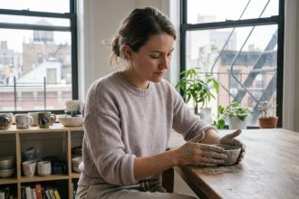 Jeune femme façonnant une coupe en argile dans un appartement moderne