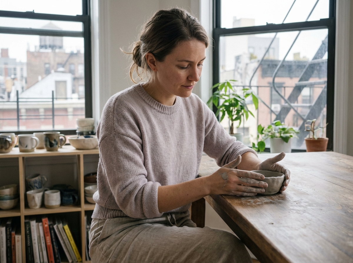 Jeune femme façonnant une coupe en argile dans un appartement moderne