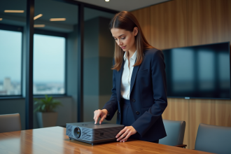 Femme en costume navy préparant un projecteur moderne en salle de réunion