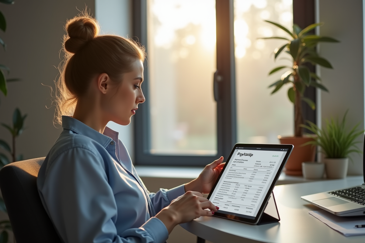 Jeune femme professionnelle regardant sa fiche de salaire sur une tablette