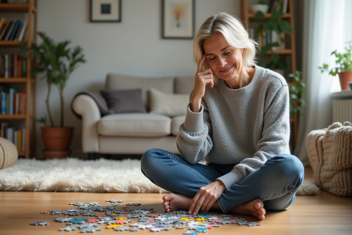 Femme assise en train de faire un puzzle dans un salon lumineux