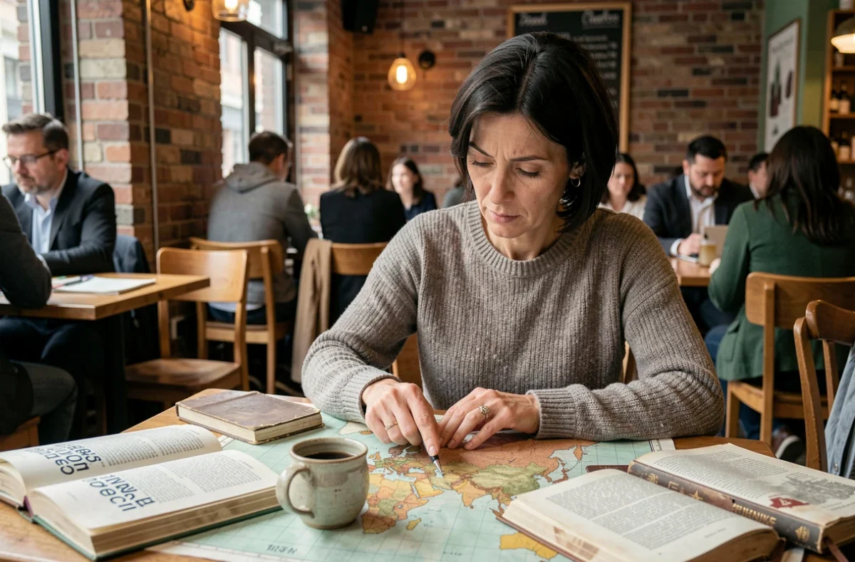Femme passionnée de télécommunications étudiant une carte mondiale des indicatifs téléphoniques internationaux dans un café
