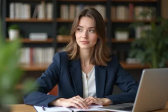 Jeune femme brune assise à un bureau moderne consultant son ordinateur portable, illustrant une recherche d'informations biographiques en ligne