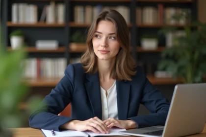 Jeune femme brune assise à un bureau moderne consultant son ordinateur portable, illustrant une recherche d'informations biographiques en ligne