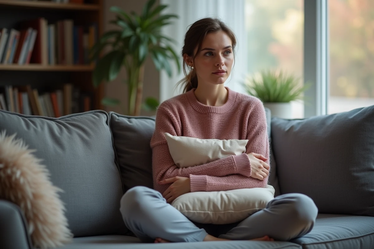 Jeune femme réfléchissant à un rêve d'agression psychologique, assise sur un canapé tenant un coussin avec une expression préoccupée