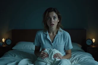 Femme réveillée en sursaut après un cauchemar d'agression, assise dans son lit la nuit avec une expression de peur