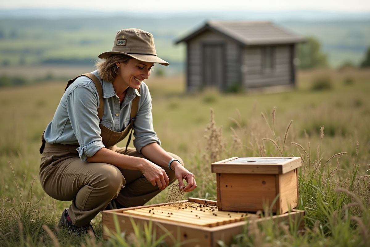 Femme inspectant une ruche dans un paysage rural naturel