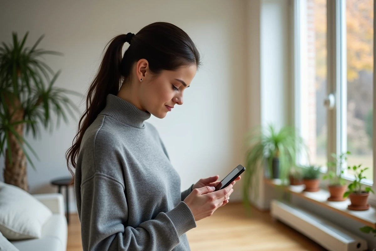 Femme dans un salon moderne consultant son smartphone pour rechercher des informations sur une personnalité publique