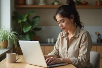 Femme consultant un site d'informations économiques et de consommation sur son ordinateur portable dans une cuisine moderne