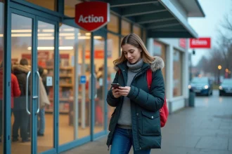 Femme vérifiant son smartphone devant un magasin Action