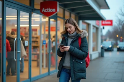 Femme vérifiant son smartphone devant un magasin Action