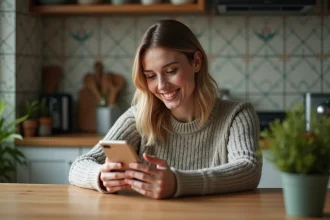 Femme souriante utilisant son smartphone dans la cuisine chaleureuse