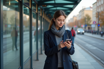 Jeune femme en manteau navy regarde son smartphone à un arrêt de tram