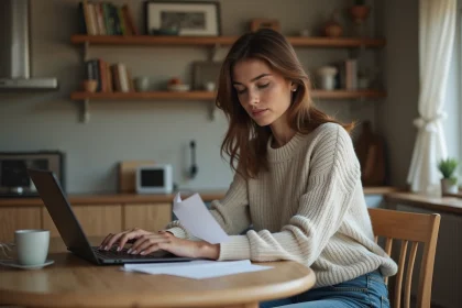 Femme assise à la maison travaillant sur documents et ordinateur
