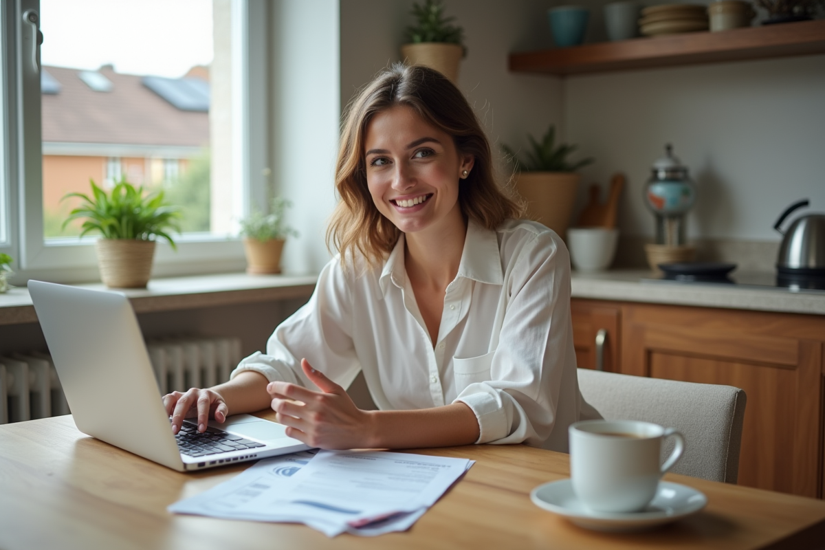 Femme souriante vérifiant ses factures d