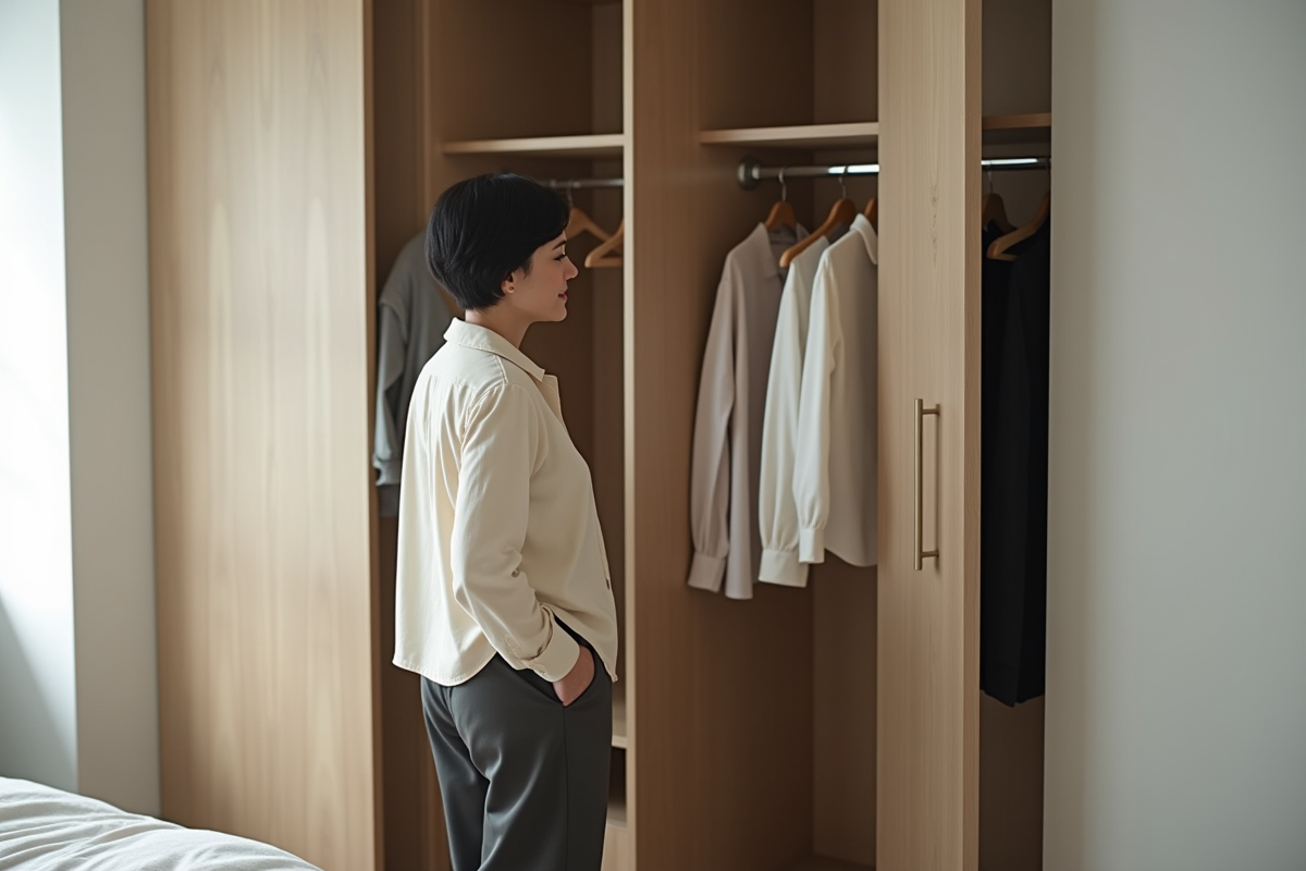 Femme regardant son placard dans une chambre lumineuse