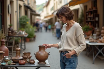 Femme examinant un vase vintage dans un marché de village
