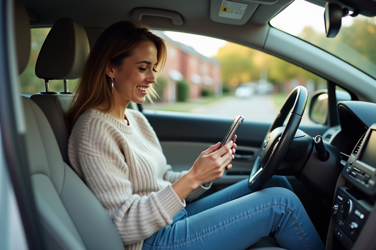 Femme souriante dans sa voiture avec application d'assurance