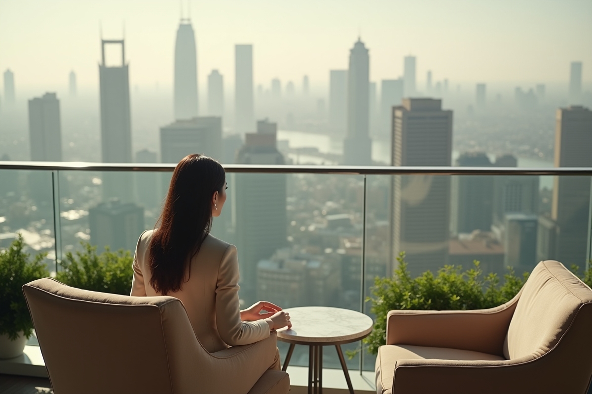 Jeune femme regardant la ville depuis une terrasse haut de gamme