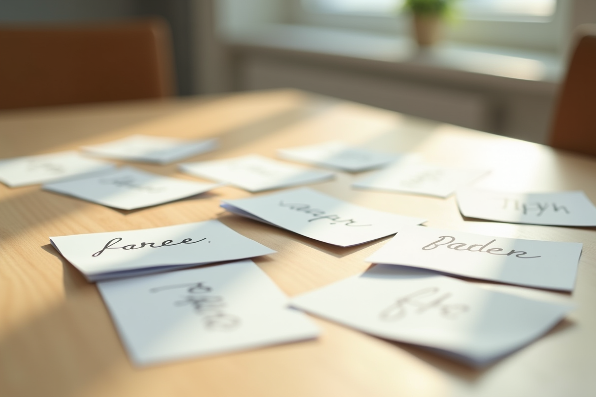 Flashcards manuscrits dispersés sur table en bois clair dans une ambiance calme