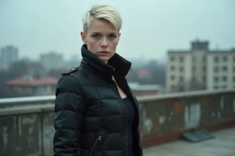 Jeune femme aux cheveux blonds platine en veste tactique noire sur un toit urbain, évoquant l'héroïne d'action Florence Pugh dans Black Widow