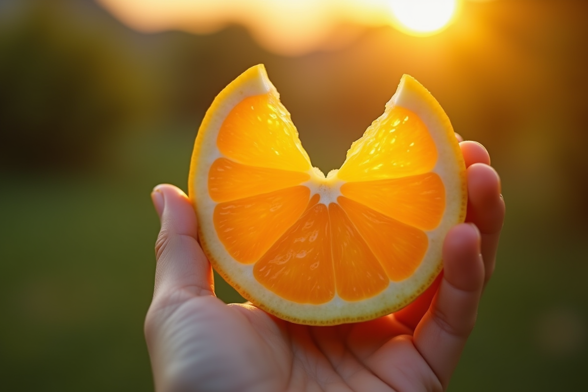 Fruits en forme de V coupés tenus dans la main en extérieur