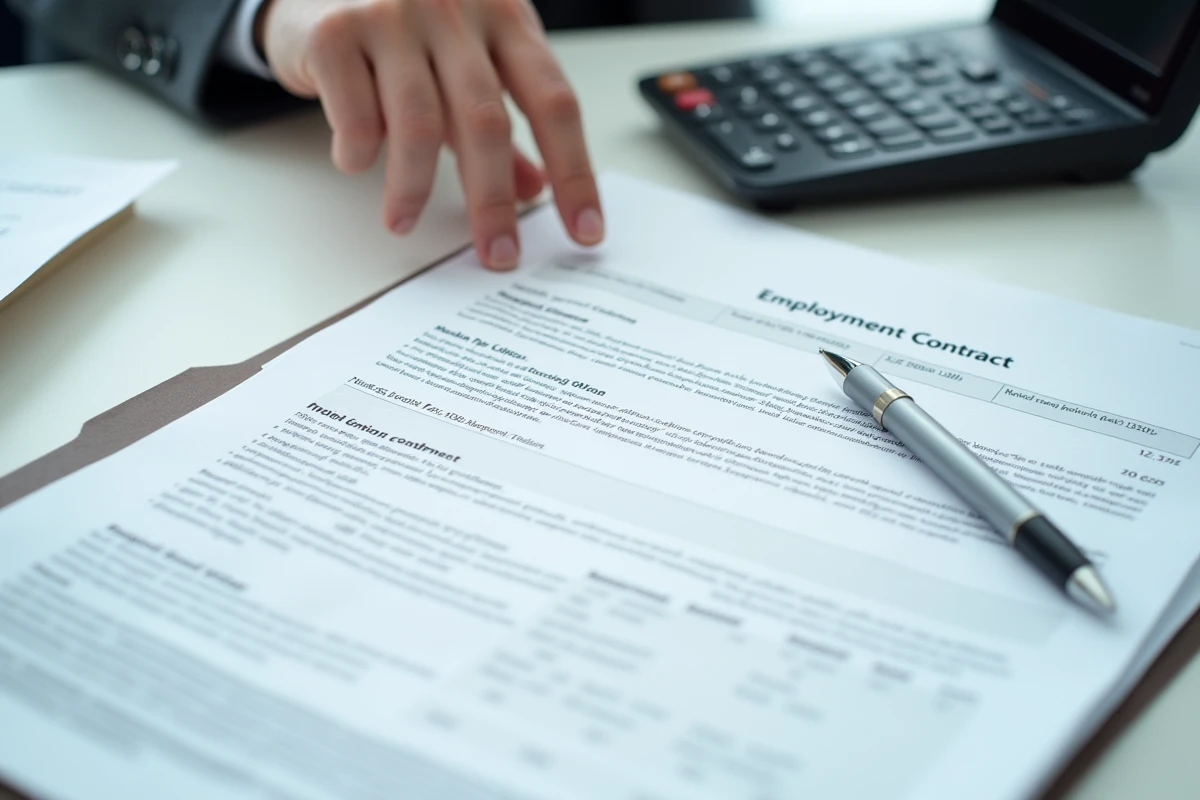 Gros plan sur un contrat de travail avec tableau de semaines payées, stylo et calculatrice sur un bureau blanc