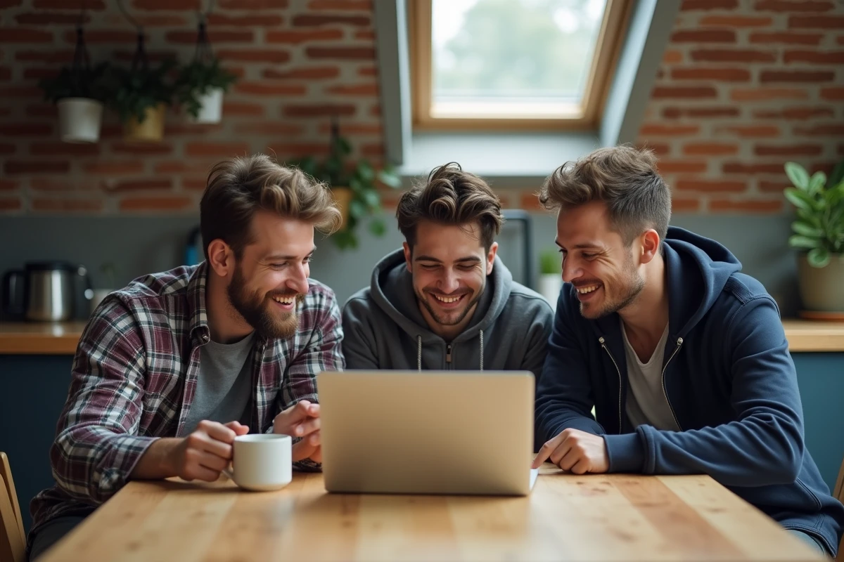 Groupe d'amis trentenaires réunis autour d'un ordinateur portable pour revivre des souvenirs d'un forum internet
