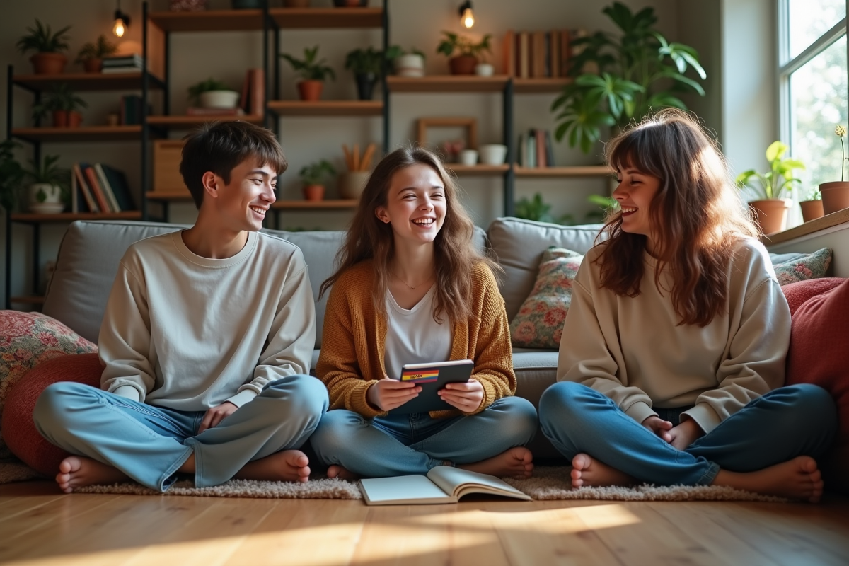 Groupe d amis dans un salon chaleureux et inclusif