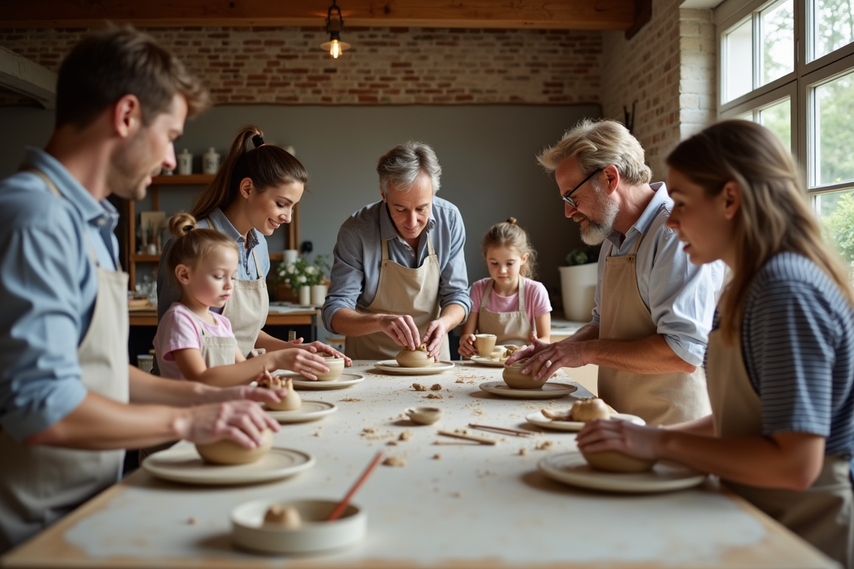 Groupe divers d adultes et enfants créant de la poterie en atelier