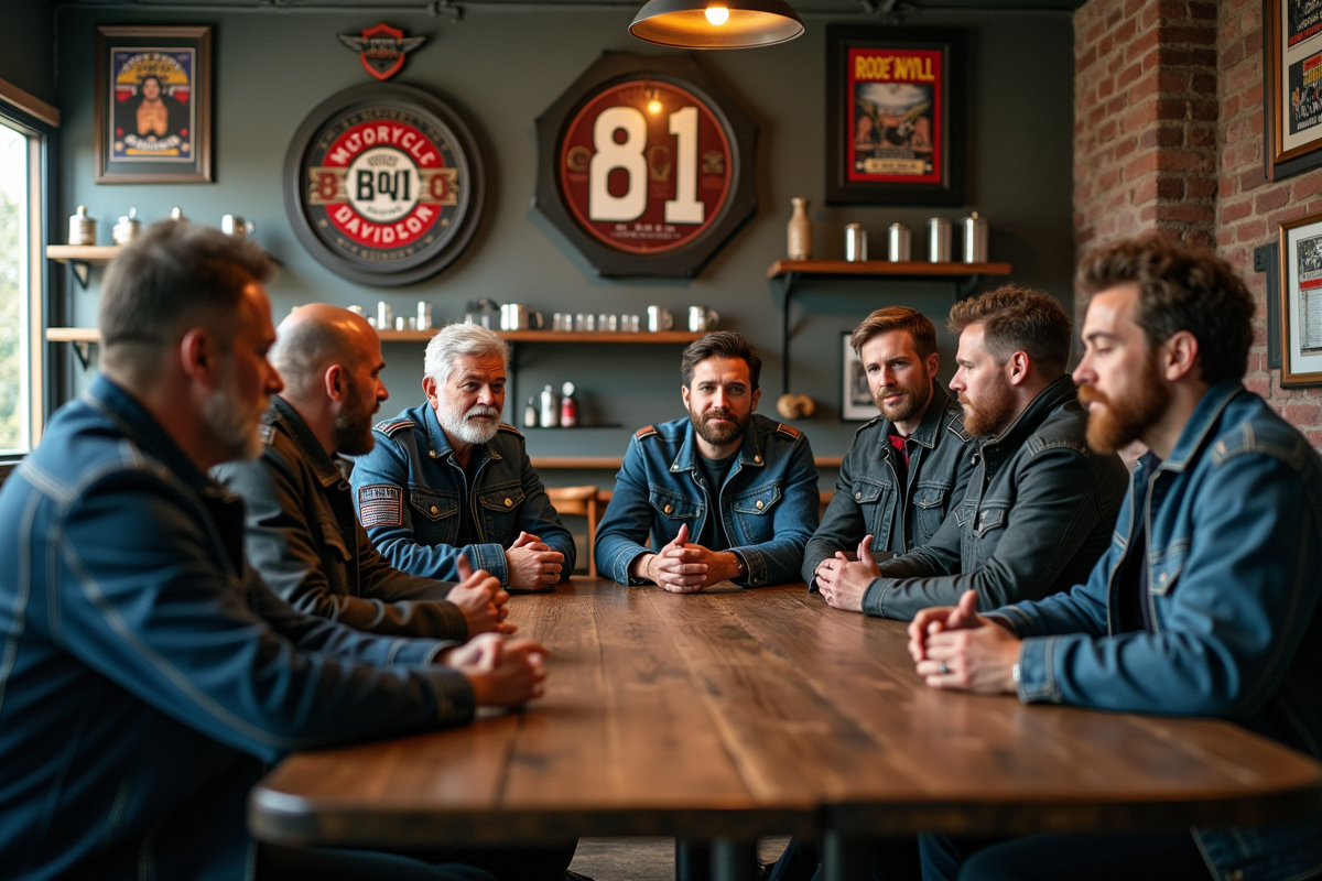 Groupe de bikers dans un club avec memorabilia moto