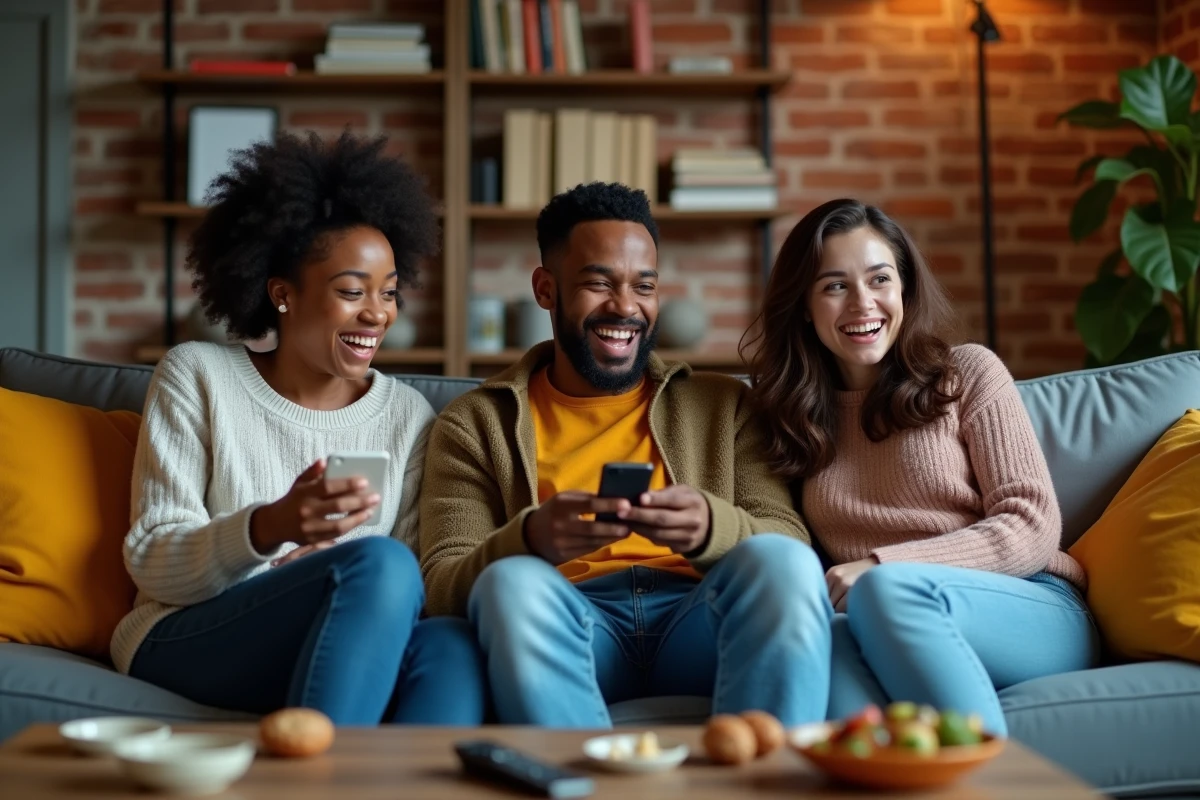 Groupe diversifié de jeunes adultes regardant une série télévisée ensemble, évoquant la représentation et l'humour dans les médias
